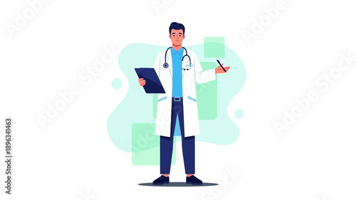 Doctor in white lab coat holding tablet.
