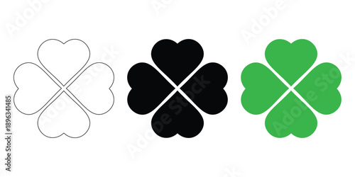Four Leaf Clover & Shamrock Icon Set – Lucky Irish Symbol for St. Patrick’s Day Vector Illustration