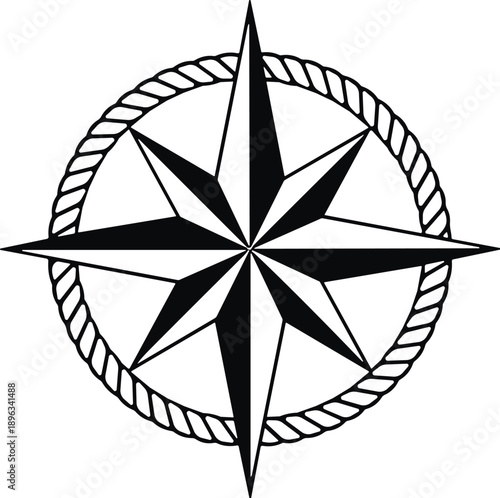 Compass rose silhouette with rope border, nautical navigation symbol, directional icon design, maritime exploration graphic, vintage map element, flat vector