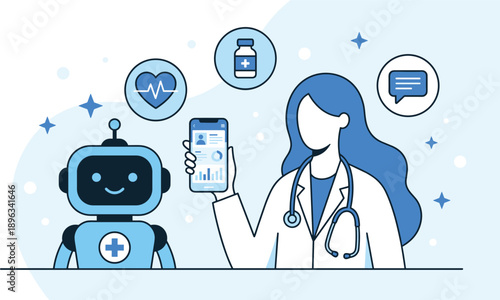 AI in healthcare cartoon — doctor and robot with health app and icons for medical technology, digital health, and futuristic illustration sets