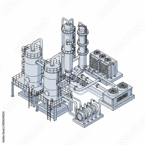 Isometric Industrial Plant with Detailed Machinery and Piping.