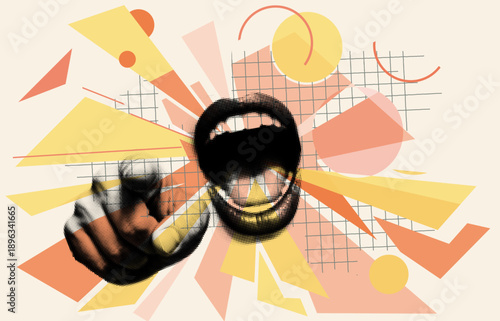 Wallpaper Mural Abstract retro style illustration of a halftone mouth and pointing hand surrounded by dynamic geometric shapes and rays. Symbolizes communication, impactful visual messaging or information concepts Torontodigital.ca