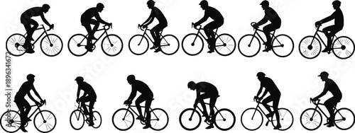   
Cyclist silhouette collection, various riding styles, bicycle posture comparison, sports movement icon set, ergonomic cycling illustration, active lifestyle graphic, flat vector