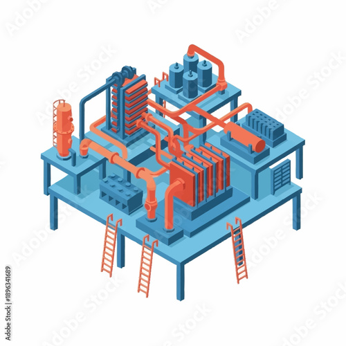 Isometric Industrial Plant with Pipes and Machinery.