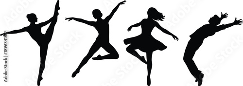 Dance silhouette vector set with expressive poses—ideal for performing arts designs, motion illustrations, choreography visuals, and creative movement-based projects.