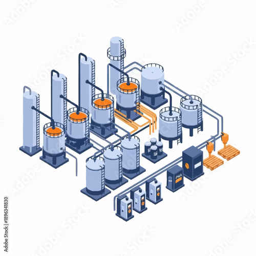 Isometric Industrial Plant with Storage Tanks and Processing Units.