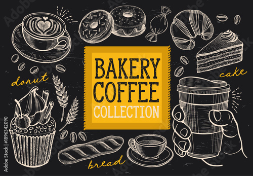 Bakery coffee collection with hand drawn pastries desserts and hot drinks on blackboard