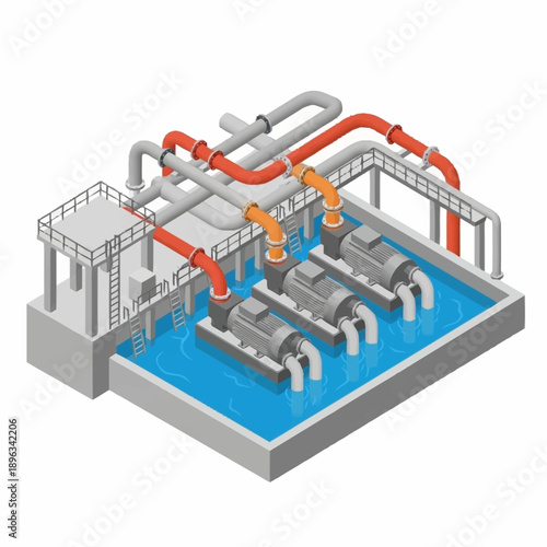 Isometric Industrial Water Treatment Plant with Pumps and Pipes.
