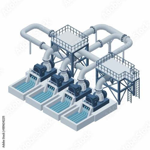 Isometric Industrial Water Treatment Plant with Pumps and Pipes.