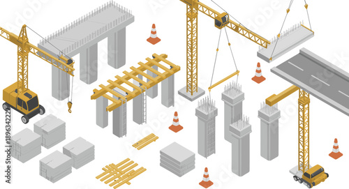 Isometric construction site, bridge building process with cranes, concrete pillars, road segments and safety cones illustration