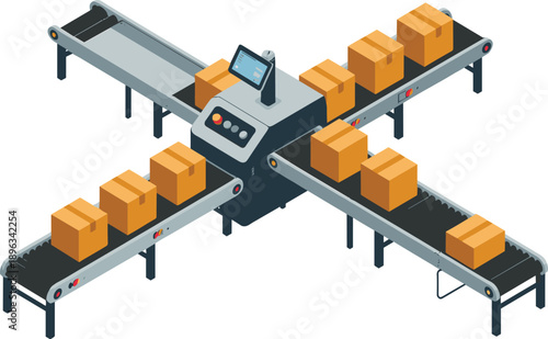 Isometric conveyor belt system with cardboard boxes, automated warehouse sorting line, logistics distribution center, industrial packaging process illustration