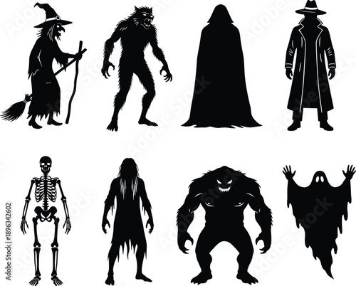Halloween horror character set — spooky silhouettes and eerie figures including witch, werewolf, ghost, skeleton, and monster for seasonal design packs and storytelling visuals