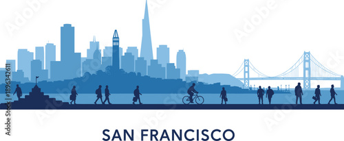 San Francisco California City Skyline Vector Illustration Featuring Transamerica Pyramid and Bay Bridge Blue Silhouette with People Walking for USA Travel Poster and Tourism Design