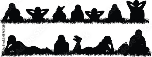 WebSet of black silhouettes of people lying and sitting in grass, various poses of relaxed friends and individuals enjoying nature in minimalist vector illustration