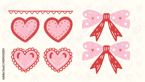 Vector Valentine's Day heart and bow icons, for social media or greeting card, Isolated on transparent background, png