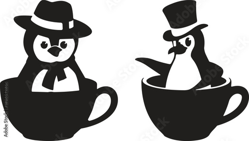 Penguin in teacup illustration, whimsical animal character, cute bird with hat, playful concept art, cartoon style humor, flat vector