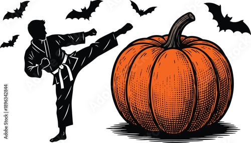 Karate fighter kicking Halloween pumpkin with bats in black and white illustration—perfect for spooky designs, martial arts themes, and seasonal creative visuals.