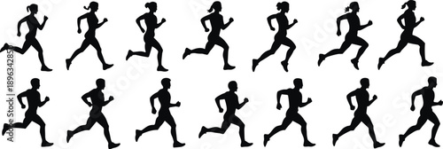 Running silhouette collection, male and female runners, athletic motion sequence, fitness activity poses, sports movement illustration set, dynamic posture icons, flat vector