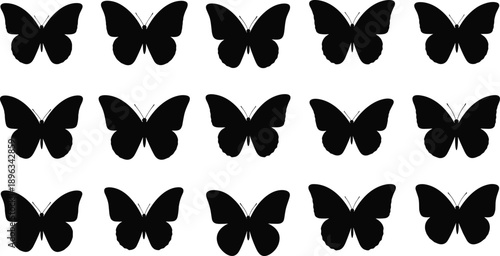 WebSet of fifteen black butterfly silhouettes with various wing shapes and antenna details, minimalist insect icons isolated on white background for nature graphic design