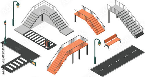 Isometric urban stairs, pedestrian bridges, street lamps, benches and road elements, city infrastructure design set illustration