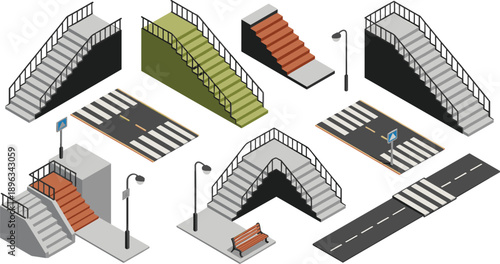 Isometric urban stairs, pedestrian crossings, street lamps, benches and road elements, modern city infrastructure illustration set