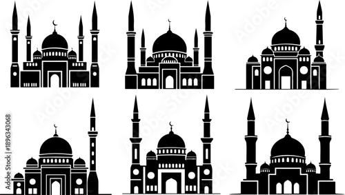 Modern mosque silhouette with dome and tall minaret vector Illustration