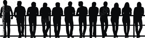 Silhouette people standing by railing, casual posture collection, public space scene, group interaction concept, minimalist human figures, flat vector