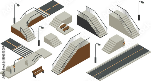 Isometric urban stairs, pedestrian crossings, street lamps, benches and road segments, modern city infrastructure illustration set
