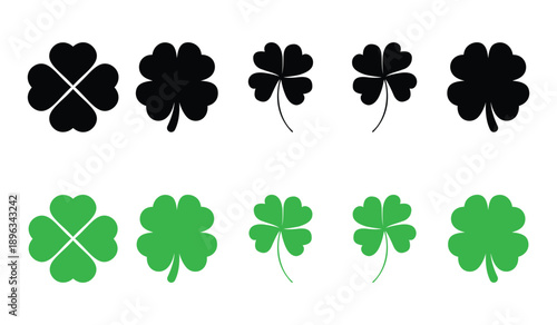Four Leaf Clover & Shamrock Icon Set – Lucky Irish Symbol for St. Patrick’s Day Vector Illustration