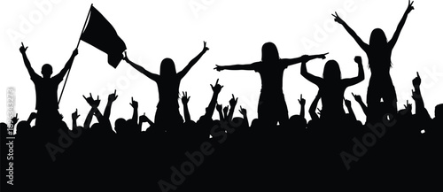 WebSilhouette of a Confident Businessman and Businesswoman Standing with Hands on Hips in Front of a Large Cheering Crowd Symbolizing Corporate Success and Leadership