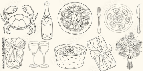 A charming sketch of a seafood feast with celebratory elements and floral arrangements