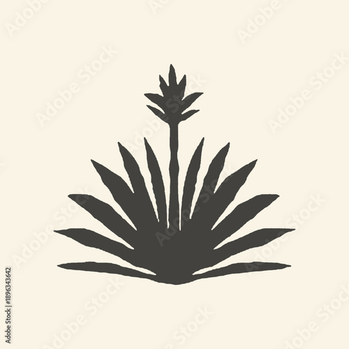 Minimalist Black Silhouette Agave Plant with Flowering Stalk Illustration on Neutral Cream Background - Organic Botanical Design Element
