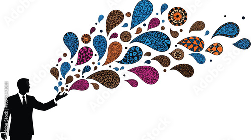 WebSilhouette of Businessman Holding Hand Out with Flowing Colorful Paisley Patterns and Mandala Shapes for Creative Business Inspiration and Spiritual Growth Concept Background