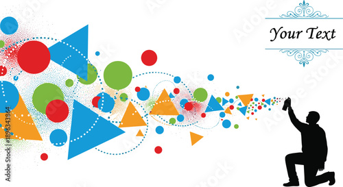 WebSilhouette of Graffiti Artist Spraying Colorful Geometric Circles and Triangles with Stippling Texture for Creative Art Street Culture and Urban Design Concept Background
