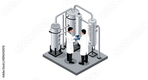 Isometric illustration of two scientists working together in a laboratory setting with industrial equipment.
