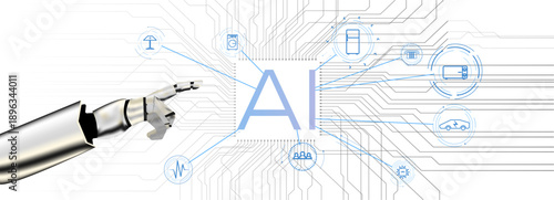 Robotic hand reaching towards the letters AI with digital symbols representing technology and communication in a modern setting