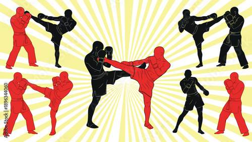 WebSilhouettes of Martial Arts Fighters Practicing Kickboxing and Karate Moves with Red and Black Figures Against Yellow Sunburst Background for Sports and Fitness Concept