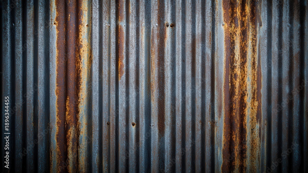 Fototapeta premium Close up of weathered corrugated metal sheets with prominent rust and textured surface