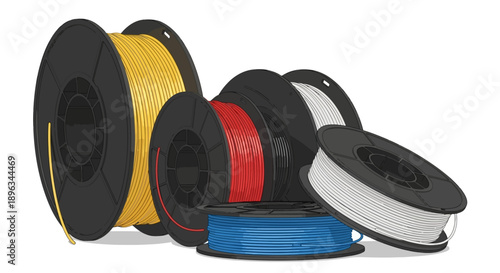 Colorful spools of 3D printer filament arranged on a white background