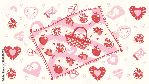 Valentine's Day vector pattern with red and pink hearts, flowers, and picnic basket, for banner or poster or social media overlay