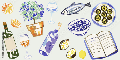 A colorful still life depicting mediterranean food drinks and botanical elements