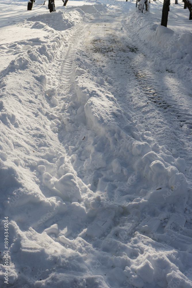 Fototapeta premium Vertical photo of a snow-covered road in a forest.