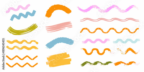 Colorful abstract brush strokes and wavy lines arranged in a grid pattern