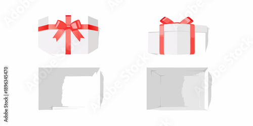Two closed and two open white gift boxes with red ribbons