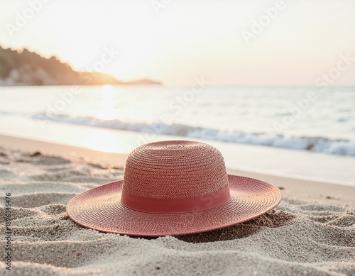 水平線と美しい夕暮れ時の海と空、そしてシンプルに置かれた麦わら帽子がつくる幻想的でミニマルな風景、高解像度、柔らかな光、広いコピースペース  
Minimal and dreamy scene with a straw hat placed before the sea, horizon, and sunset sky, high resolution, soft light, ample cop
