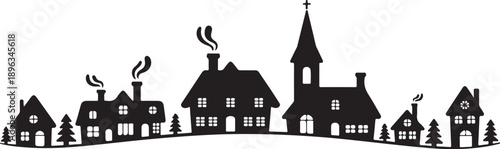 Black silhouette village with church and smoking chimneys