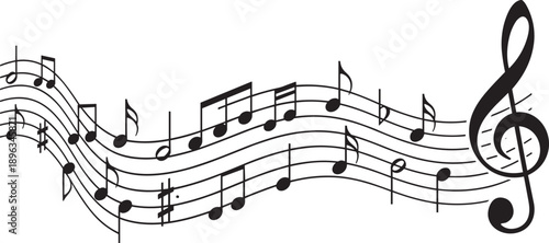 Artistic musical staff with treble clef, flowing notes, rhythmic wave pattern, creative design for music education, performance, abstract art, and decorative illustration background