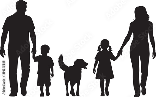 Silhouette illustration of family walking with children and dog, parents holding hands, unity concept artwork, companionship design, domestic pet care, happy family lifestyle scene