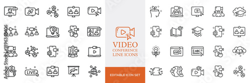 Big set of video conference line icons. Meeting, online, live, call etc. Editable stroke