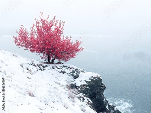 A solitary tree with vibrant red leaves stands out against a snow-covered landscape in a serene winter scene.
